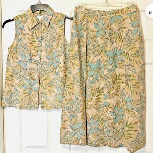 Vintage Charter Club 90s Y2k Linen 2 Piece Skirt Set Multi Color Floral Size 6